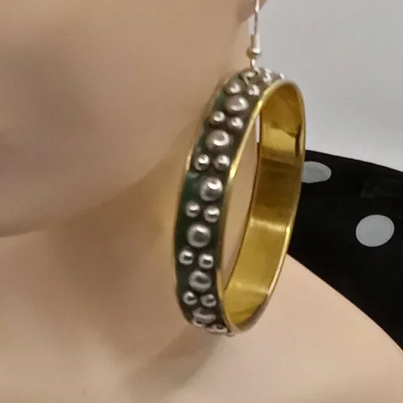 Black Studded Brass EARRINGS 2 Inch Pierced Goth Punk Boho India - Picture 2 of 6